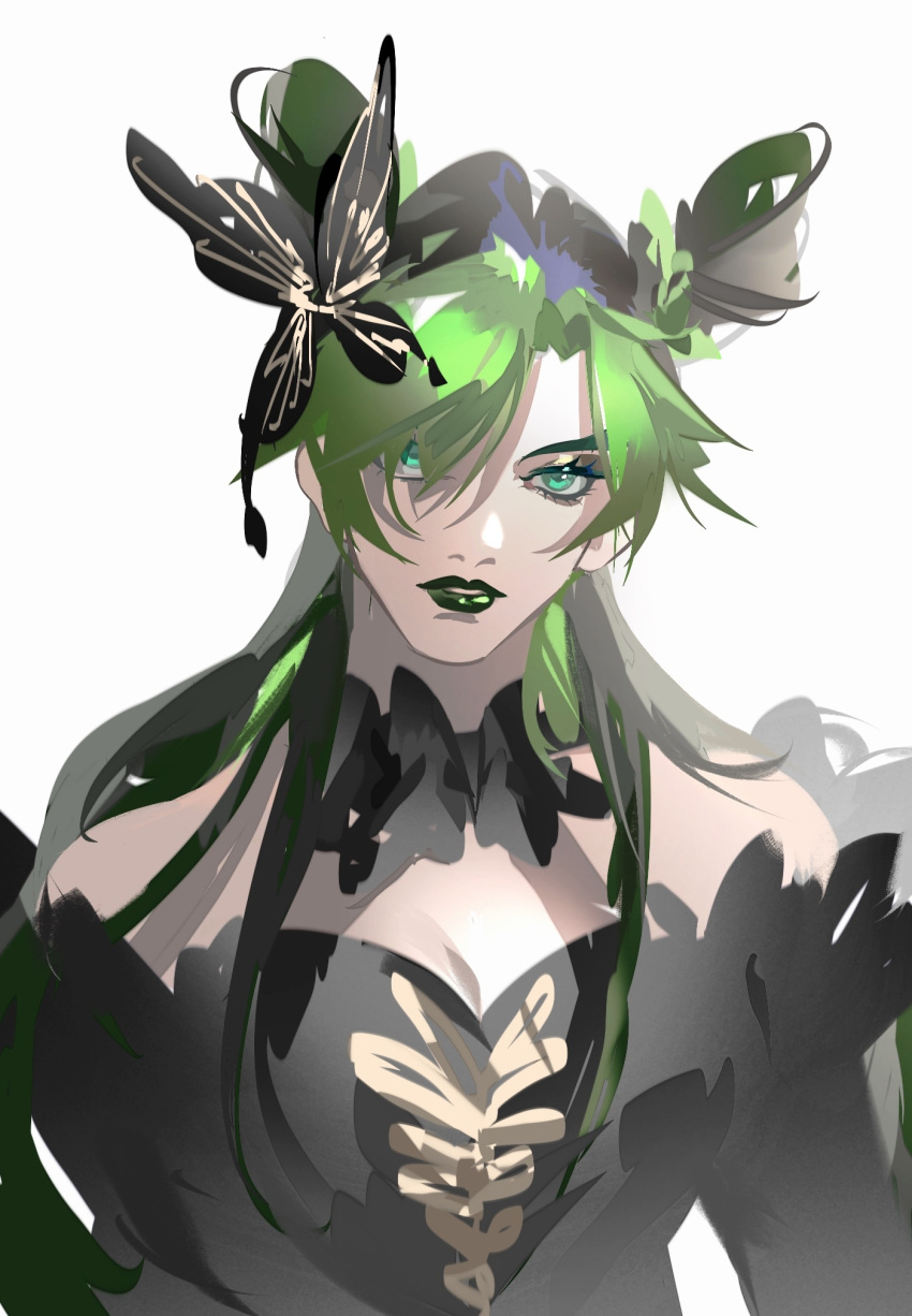 black_butterfly black_choker breasts bug butterfly choker cleavage dress eyelashes eyeshadow female green_eyes green_hair green_lips hair_ornament highres jojo_no_kimyou_na_bouken kujo_jolyne kuriimalekou lips long_hair looking_at_viewer makeup off-shoulder_dress off_shoulder parted_lips simple_background solo upper_body white_background