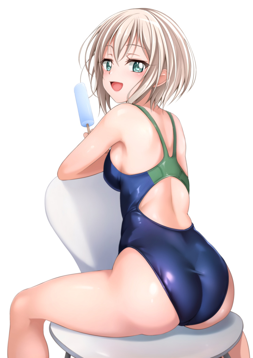 absurdres aoba_moca ass bang_dream! blue_eyes blue_one-piece_swimsuit blush commentary_request competition_swimsuit feet_out_of_frame female food from_behind grey_hair highres looking_at_viewer looking_back one-piece_swimsuit popsicle short_hair simple_background sitting sitting_backwards smile solo swimsuit tina_(pixiv37050289) two-tone_swimsuit white_background