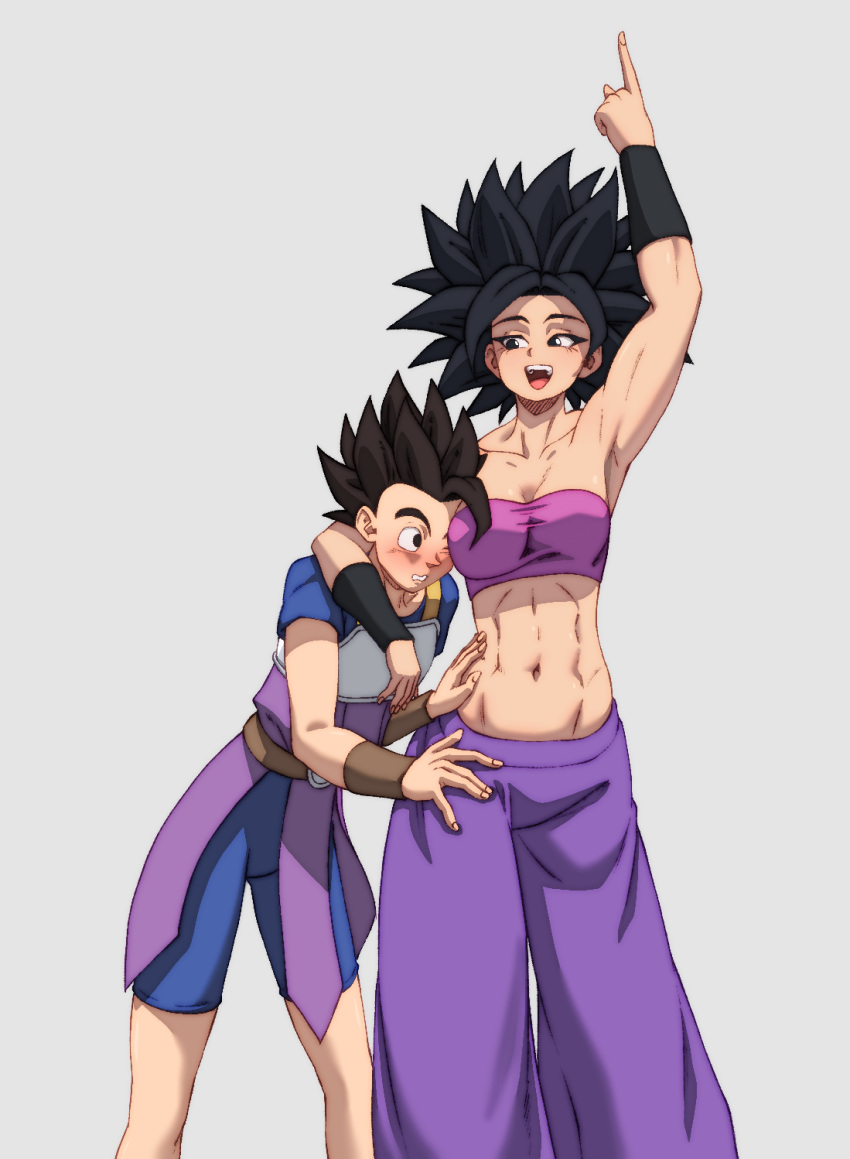 1boy abs arm_up armpits baggy_pants bare_shoulders big_hair black_eyes black_hair blush breasts brown_wristband cabba caulifla commentary crop_top dragon_ball dragon_ball_super female ftw_arts highres midriff navel open_mouth pants pink_tube_top purple_pants saiyan saiyan_armor simple_background smile spiked_hair strapless toned toned_female tube_top