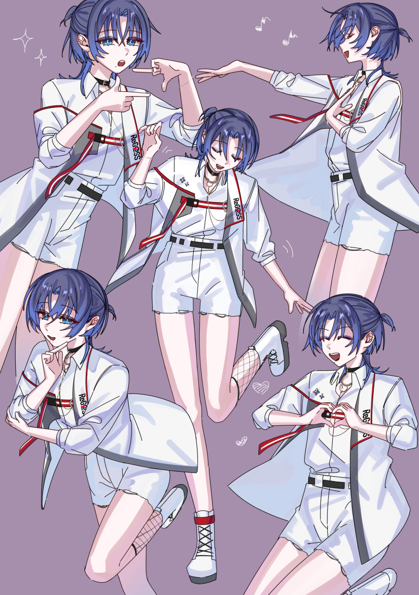 absurdres black_choker blue_eyes blue_hair choker collared_shirt female fishnets highres hiodoshi_ao hololive hololive_dev_is long_sleeves mero_pan0721 music musical_note official_alternate_costume shirt shorts simple_background singing solo white_shirt white_shorts