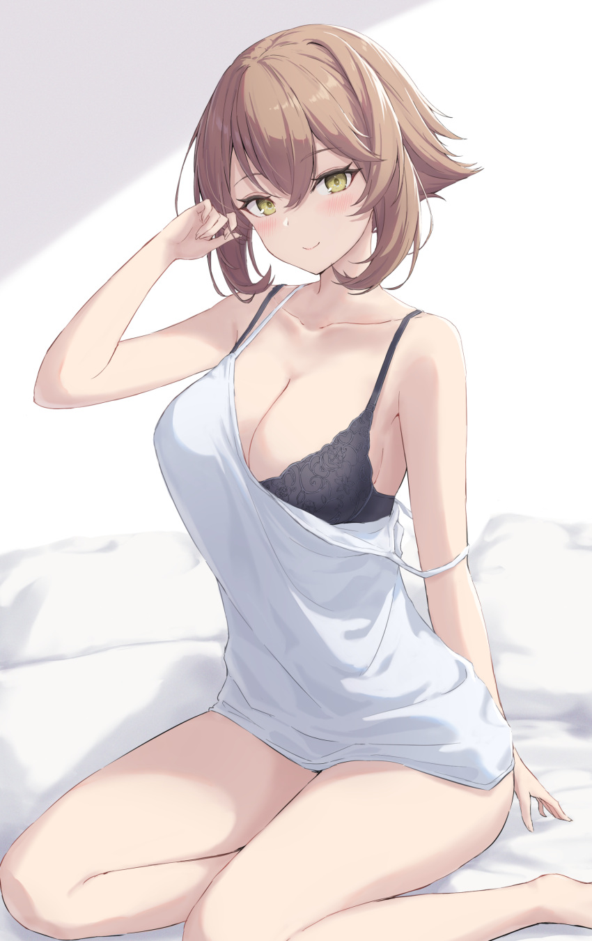 absurdres alternate_costume black_bra bra breasts brown_hair camisole female flipped_hair green_eyes highres kantai_collection large_breasts looking_at_viewer monoku mutsu_(kancolle) short_hair sitting smile solo underwear white_camisole yokozuwari