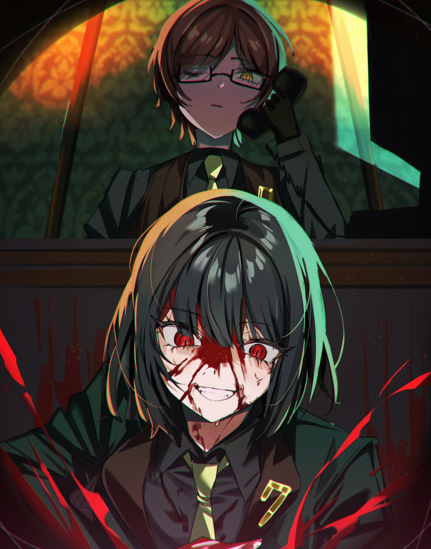 2girls black_hair black_shirt blood blood_on_face brown_hair brown_vest collared_shirt commentary_request corded_phone dark-skinned_female dark_skin glasses green_necktie green_shirt highres holding holding_phone limbus_company mu46016419 multiple_girls necktie open_mouth outis_(project_moon) phone project_moon red_eyes ryoshu_(project_moon) seven_association_(identity)_(project_moon) shirt short_hair vest yellow_eyes yellow_necktie