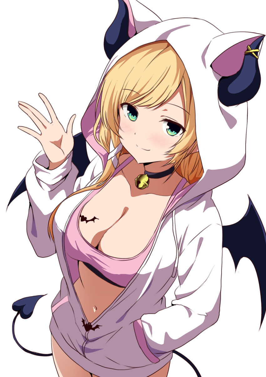 absurdres alternate_costume animal_hood bell black_choker blonde_hair blush breasts cat_hood choker cleavage demon_girl demon_horns demon_tail demon_wings female green_eyes hand_in_pocket highres hololive hood hoodie horns horns_through_hood kishishi_(kishiman-ya) large_breasts long_hair looking_at_viewer navel neck_bell open_clothes open_hoodie smile solo tail virtual_youtuber waving white_background white_hoodie wings yuzuki_choco