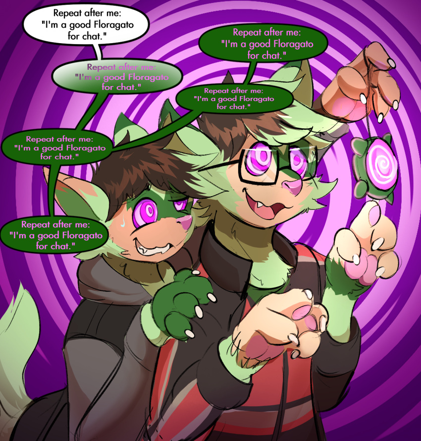 ambiguous_gender anthro brown_hair cheek_tuft claws clothing dialogue duo ear_growth english_text eyewear facial_tuft fangs finger_claws floragato fur fur_growth generation_9_pokemon glasses green_body green_fur growth hair hi_res human human_to_anthro hypnosis jacket mammal mid_transformation mind_control nintendo pawpads pink_nose pink_pawpads pocat pokemon pokemon_(species) purple_eyes ringed_eyes shaded snout species_transformation speech_bubble tail teeth text topwear toshabi toshabi_(character) transformation tuft