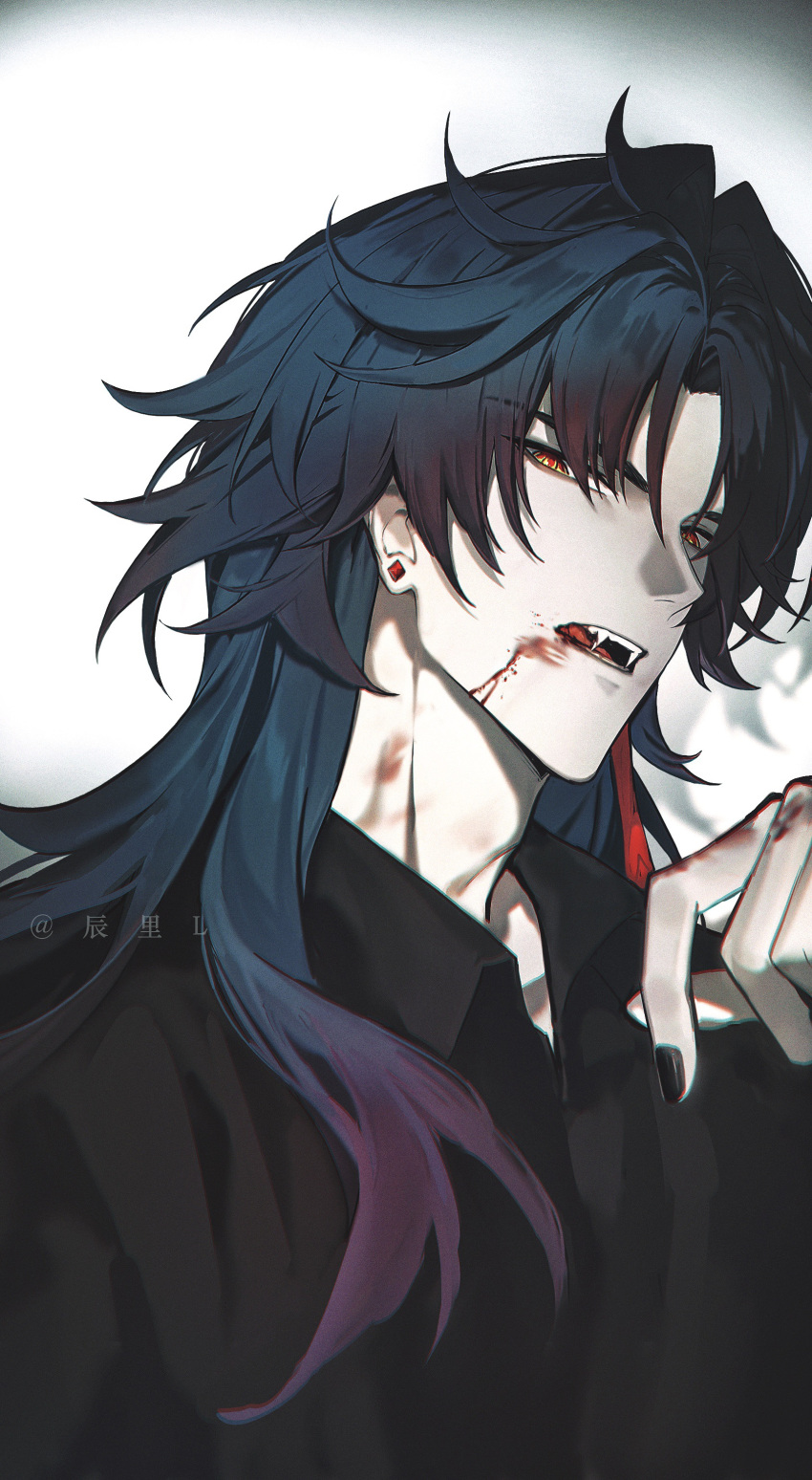 1boy absurdres black_hair black_nails black_shirt blade_(honkai:_star_rail) blood blood_on_face chen_li chinese_commentary collared_shirt commentary_request drop_shadow earrings fangs gradient_hair highres honkai:_star_rail honkai_(series) jewelry long_hair looking_at_viewer male_focus multicolored_hair nail_polish orange_eyes parted_bangs partial_commentary portrait shirt solo white_background