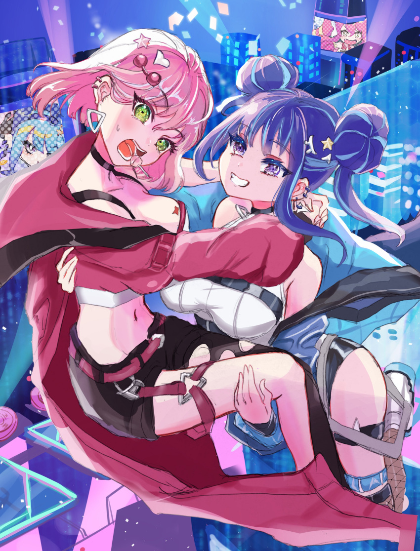 2girls absurdres black_coat black_shorts blue_eyes blue_hair breasts candy carrying coat double_bun duel_monster earrings evil_twin_ki-sikil evil_twin_lil-la food green_eyes hair_bun highres jewelry ki-sikil_(yu-gi-oh!) large_breasts leotard lil-la_(yu-gi-oh!) live_twin_ki-sikil live_twin_lil-la lollipop long_hair midair multiple_girls noppe pink_hair princess_carry red_coat short_hair short_socks shorts white_leotard yu-gi-oh! yu-gi-oh!_master_duel yuri