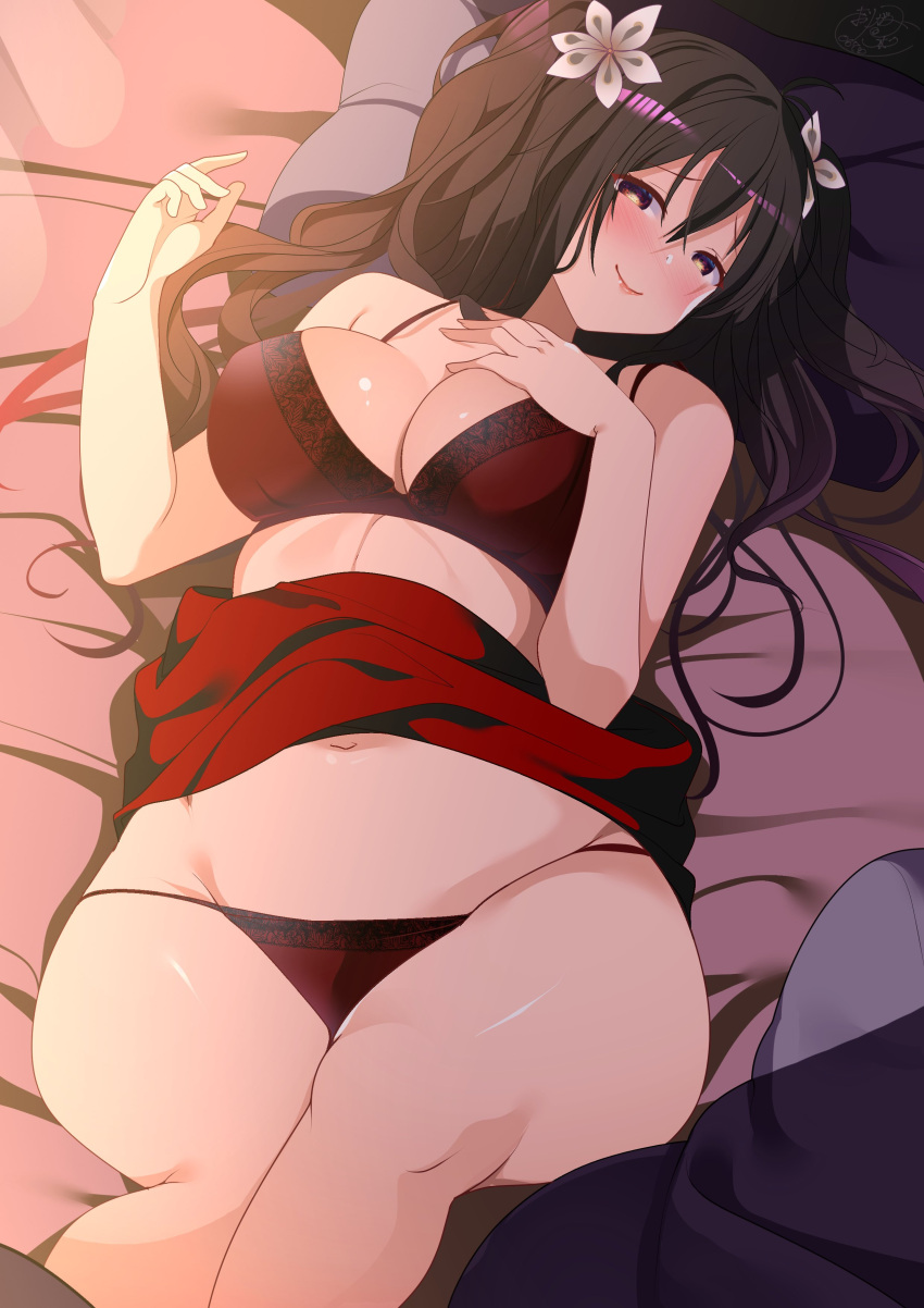 absurdres azur_lane black_hair bra breasts closed_mouth crossed_bangs female flower fubuki_(senran_kagura) groin hair_flower hair_ornament highres lace-trimmed_bra lace-trimmed_panties lace_trim large_breasts lingerie long_hair looking_at_viewer navel on_bed origami_aya panties pillow red_bra red_panties senran_kagura smile solo stomach underwear white_flower