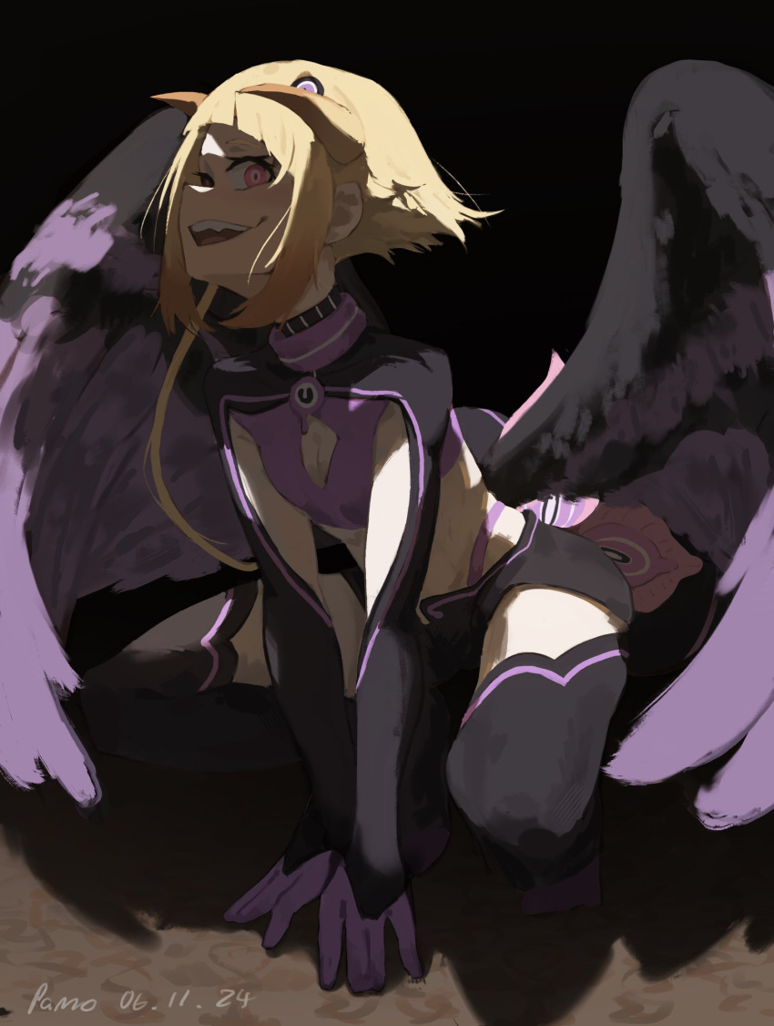 :d all_fours black_feathers black_thighhighs black_wings blonde_hair breasts capella_emerada_lugnica claws cleavage_cutout clothing_cutout dark eyes_in_shadow fangs feathered_wings feathers female from_side hair_ornament hand_on_own_hip highleg highres horns looking_at_viewer micro_shorts navel open_mouth pamo panties pink_eyes purple_wings re:zero_kara_hajimeru_isekai_seikatsu short_hair shorts shrug_(clothing) small_breasts smile squatting thighhighs underwear white_background wings