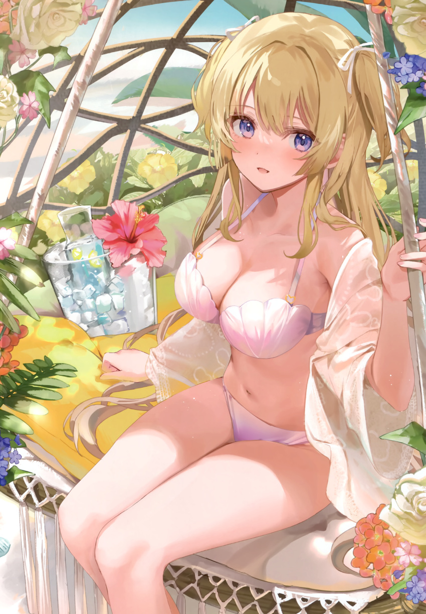 absurdres blonde_hair blush bra breasts cleavage collarbone feet_out_of_frame female flower hair_ribbon hanging_chair hibiscus highres ice_bucket kanda_done lingerie long_hair navel non-web_source off_shoulder original panties plant purple_bra purple_eyes purple_panties red_flower ribbon rose see-through_clothes see-through_shirt shirt sidelocks sitting smile solo stomach swept_bangs twintails underwear underwear_only white_flower white_ribbon white_rose white_shirt