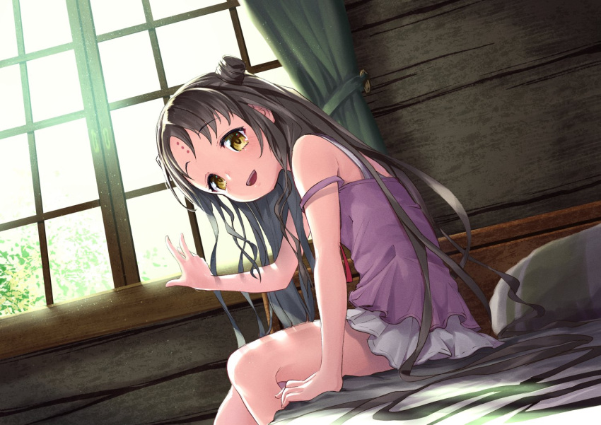 babydoll black_hair commentary curtains double_bun dress_swimsuit facial_mark fate/grand_order fate_(series) feet_out_of_frame female forehead_mark from_side hair_bun indoors leaning_forward long_hair looking_at_viewer munaage on_bed one-piece_swimsuit open_mouth parted_bangs pillow pink_babydoll red_ribbon ribbon sessyoin_kiara sessyoin_kiara_(lily) sitting smile solo strap_slip swimsuit teeth upper_teeth_only very_long_hair white_one-piece_swimsuit window yellow_eyes