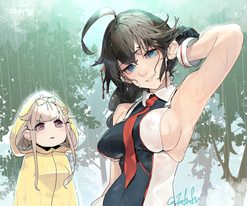 2girls absurdres ahoge black_serafuku blonde_hair blue_eyes blush braid breasts brown_hair chest_harness front-tie_top fuwafuwatoufu hair_between_eyes hair_flaps hair_ornament hair_ribbon hairclip harness highres kantai_collection long_hair looking_at_viewer medium_breasts multiple_girls necktie open_mouth outdoors rain rain_poncho red_eyes red_necktie ribbon school_uniform serafuku shigure_(kancolle) shigure_kai_san_(kancolle) shirt sideboob single_braid sleeveless sleeveless_shirt smile yuudachi_(kancolle) yuudachi_kai_ni_(kancolle)