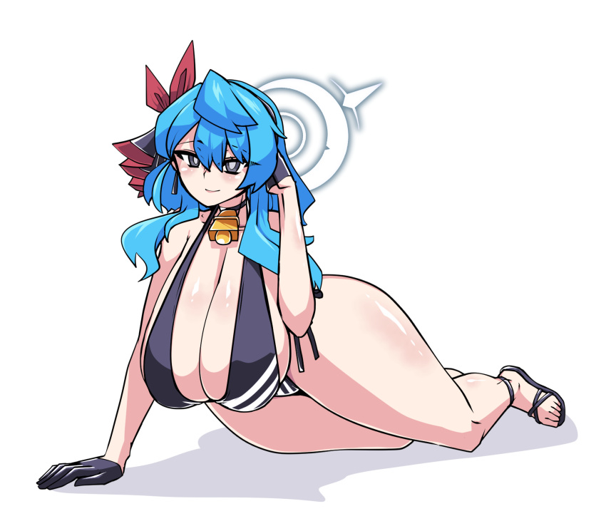 ako_(blue_archive) bell black_choker blue_archive blue_eyes blue_hair breasts choker cleavage collarbone cosplay female gloves hair_between_eyes hair_ribbon halo highres huge_breasts iori_(blue_archive) iori_(blue_archive)_(cosplay) lazy_ant neck_bell red_ribbon ribbon sandals sitting slippers solo thick_thighs thighs white_background