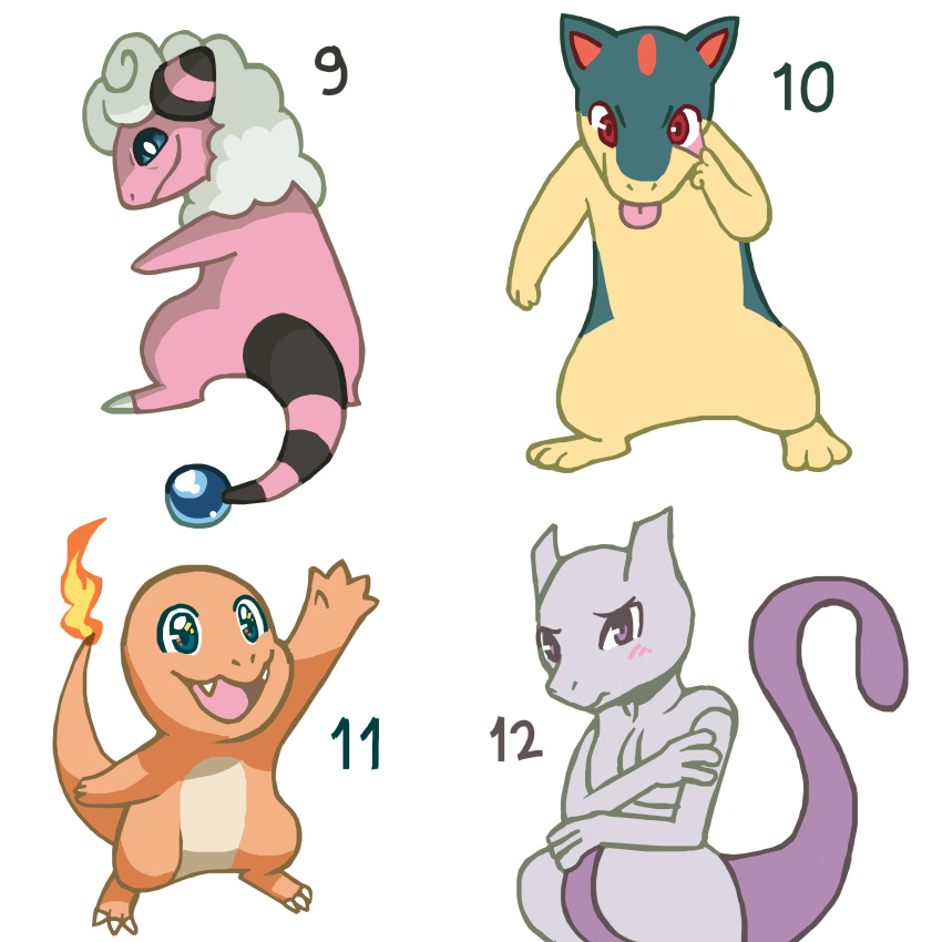 1:1 2016 absurd_res ambiguous_gender anterior_nasal_aperture biped blue_eyes blush blush_lines charmander closed_smile creepy_face digital_media_(artwork) eyebrows fire flaaffy flaming_tail flavia-elric fur generation_1_pokemon generation_2_pokemon group hi_res joyful legendary_pokemon mewtwo mouth_closed naughty_face nintendo number open_mouth open_smile orange_body pink_body pokemon pokemon_(species) pupils purple_body purple_eyes quilava red_eyes shy simple_background smile standing tail tongue tongue_out white_background white_pupils white_sclera wool_(fur)