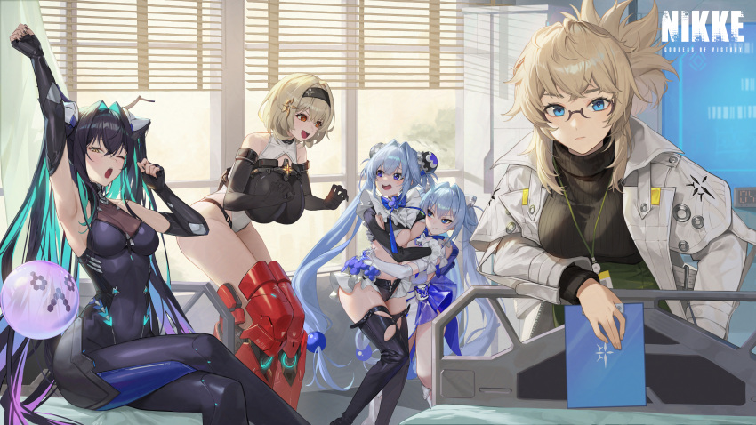 5girls abe_(nikke) absurdres arm_up armored_boots armpits black_hair blonde_hair blue_eyes blue_hair bodysuit boots breasts closed_eyes coat colored_inner_hair commentary copyright_name covered_navel day english_commentary f.k_(hs225kr) full_body glasses goddess_of_victory:_nikke gretel_(nikke) hansel_(nikke) headband highleg highres hug id_card large_breasts leotard little_mermaid_(nikke) looking_at_viewer multicolored_hair multiple_girls official_art old_tales_(nikke) open_clothes open_coat open_mouth red_shoes_(nikke) siblings sitting sweater tablet_pc thighhighs turtleneck turtleneck_sweater twins twintails white_leotard window yawning