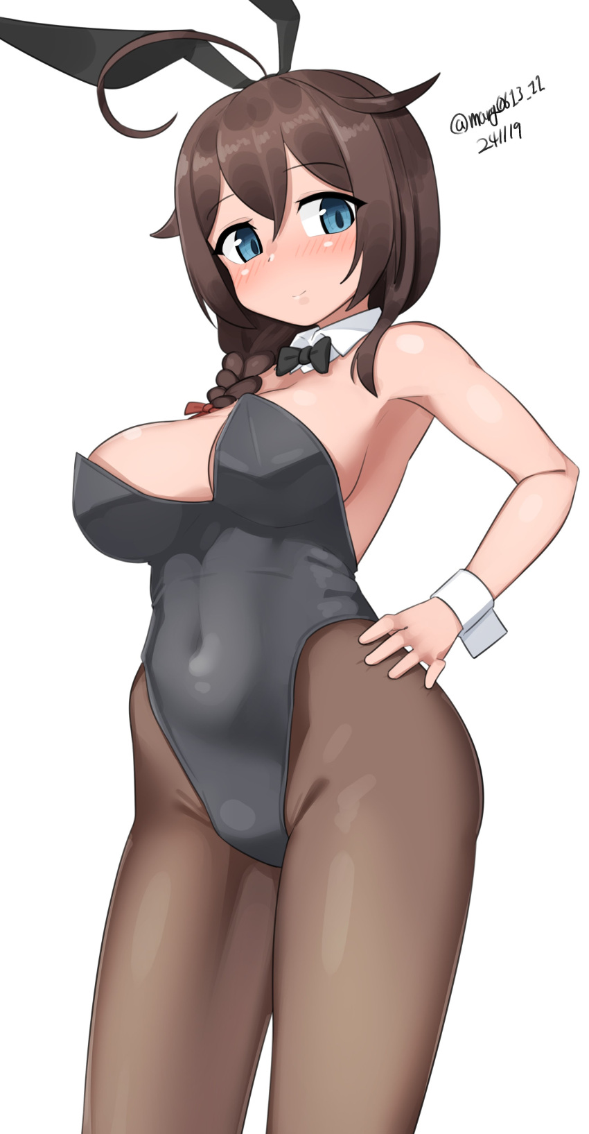 absurdres ahoge animal_ears black_bow black_bowtie black_hair black_leotard black_pantyhose blue_eyes bow bowtie braid breasts cowboy_shot detached_collar female hair_flaps hair_over_shoulder hand_on_own_hip highres kantai_collection large_breasts leotard long_hair looking_at_viewer maru_(marg0613) one-hour_drawing_challenge pantyhose playboy_bunny rabbit_ears rabbit_tail shigure_(kancolle) shigure_kai_san_(kancolle) simple_background single_braid solo standing strapless strapless_leotard tail white_background wrist_cuffs