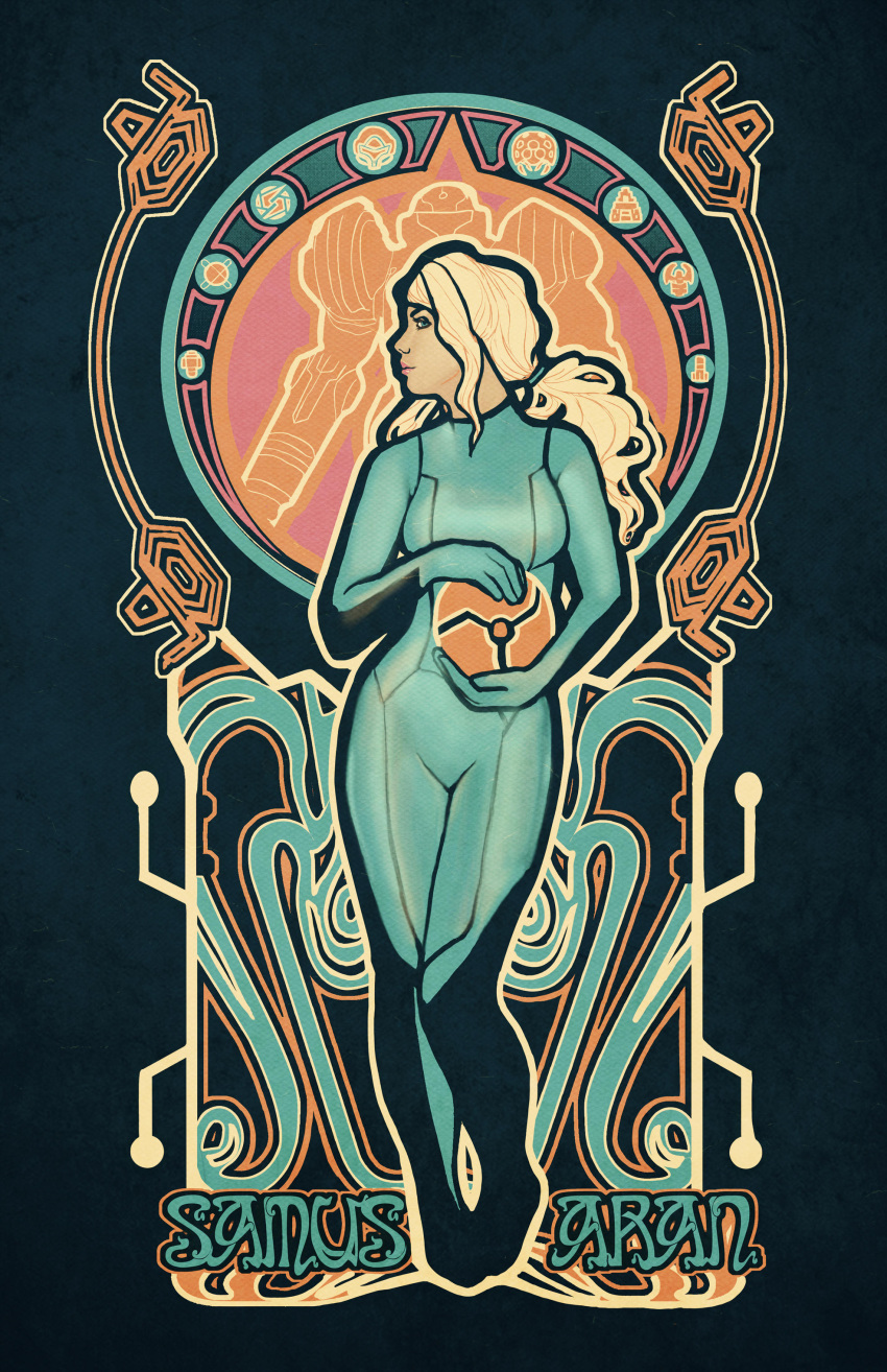 absurdres armor art_nouveau blonde_hair blue_bodysuit bodysuit breasts character_name commentary contrapposto english_commentary female full_body highres holding looking_to_the_side meganlara metroid ponytail power_armor power_suit_(metroid) profile samus_aran skin_tight solo standing traditional_media zero_suit