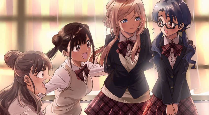 4girls akane_(getwild23) black_hair black_jacket blazer blush bow bowtie breasts brown_hair commentary_request curtains gakuen_idolmaster highres himesaki_rinami idolmaster idolmaster_cinderella_girls idolmaster_million_live! idolmaster_shiny_colors in-franchise_crossover indoors jacket kamiya_nao large_breasts multiple_girls plaid_bow plaid_bowtie plaid_clothes profile red_bow red_bowtie school_uniform shirt sonoda_chiyoko sweater_vest takayama_sayoko white_shirt