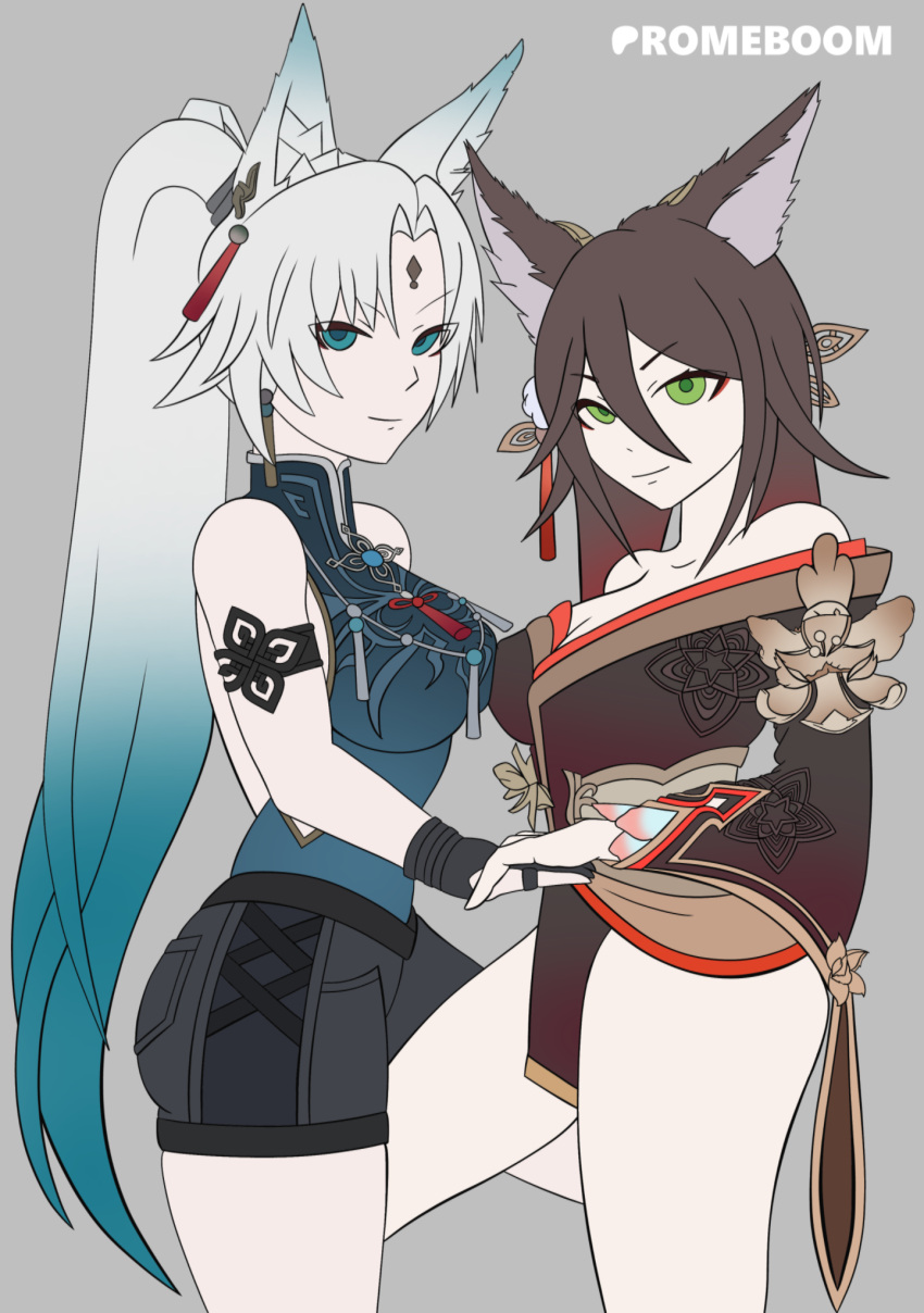 2girls animal_ears feixiao_(honkai:_star_rail) flat_color fugue_(honkai:_star_rail) highres honkai:_star_rail honkai_(series) japanese_clothes jewelry kimono long_hair multiple_girls ponytail romeboom self-upload shorts tingyun_(honkai:_star_rail) unfinished yukata yuri