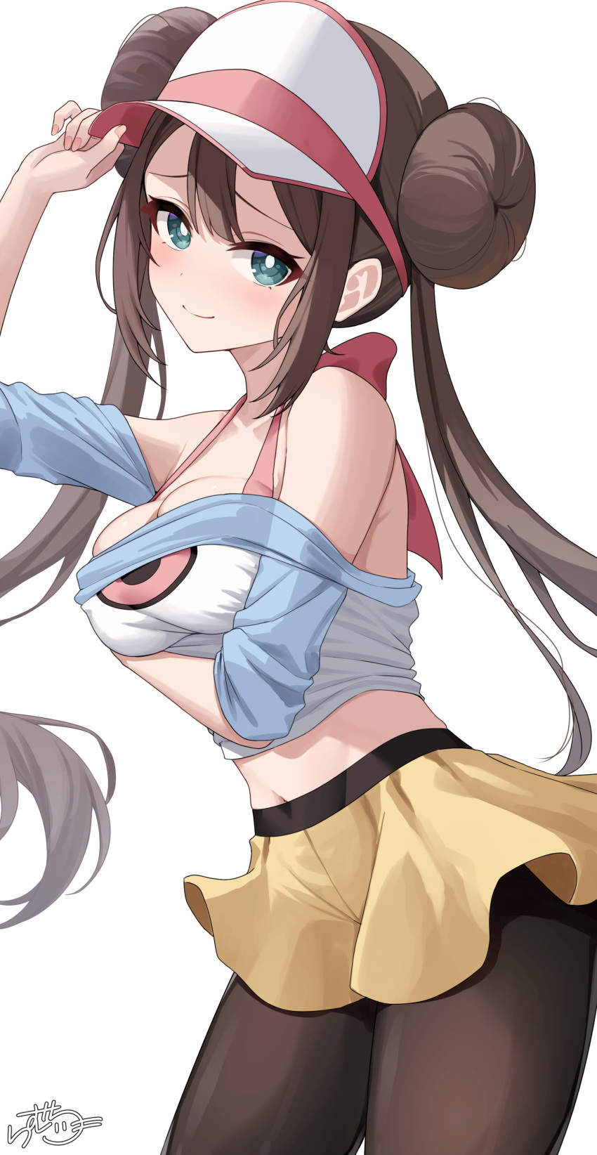 absurdres bare_shoulders black_pantyhose blue_eyes blush bra breasts brown_hair cowboy_shot double_bun doughnut_hair_bun female hair_bun hat highres large_breasts long_hair navel off_shoulder pantyhose pink_bra pokemon pokemon_bw2 ramchi rosa_(pokemon) shorts simple_background smile solo underwear very_long_hair visor_cap white_background white_hat yellow_shorts