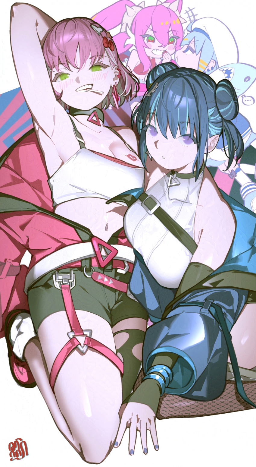 2girls adversarial_noise arm_behind_head armpits bare_shoulders black_shorts blue_coat blue_hair breast_tattoo breasts candy cleavage coat double_bun duel_monster earrings evil_twin_ki-sikil evil_twin_lil-la food green_eyes hair_bun highres jacket jewelry ki-sikil_(yu-gi-oh!) large_breasts leotard lil-la_(yu-gi-oh!) lipstick_mark_tattoo live_twin_ki-sikil live_twin_lil-la lollipop long_hair multiple_girls official_alternate_costume pink_hair purple_eyes red_jacket sen-jou short_hair shorts smile strapless tattoo tube_top white_leotard white_tube_top yu-gi-oh!