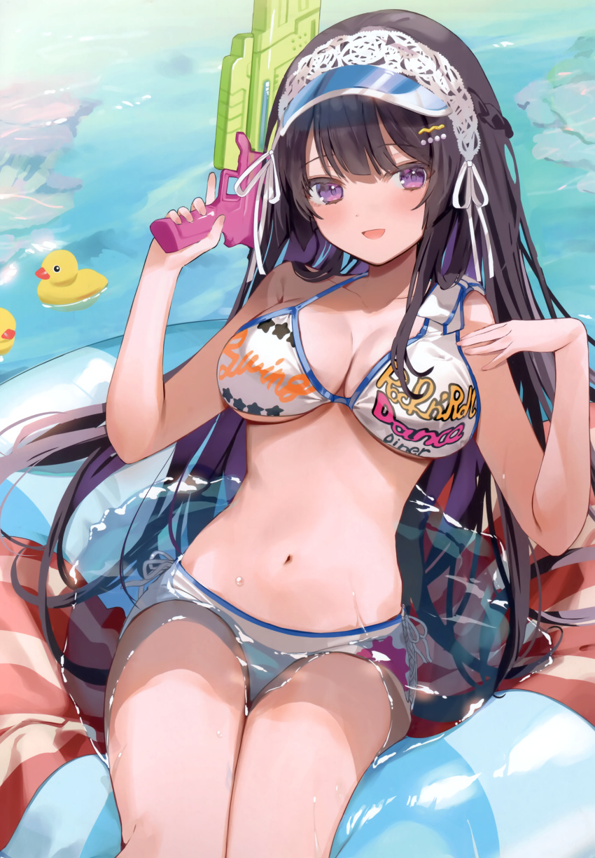 :d absurdres bare_arms bikini black_hair breasts cleavage female hair_ornament hair_ribbon hairclip highres holding holding_water_gun innertube kanda_done long_hair looking_at_viewer medium_breasts navel non-web_source open_mouth original partially_submerged purple_eyes ribbon rubber_duck sidelocks smile solo swim_ring swimsuit visor_cap water_gun wet white_bikini