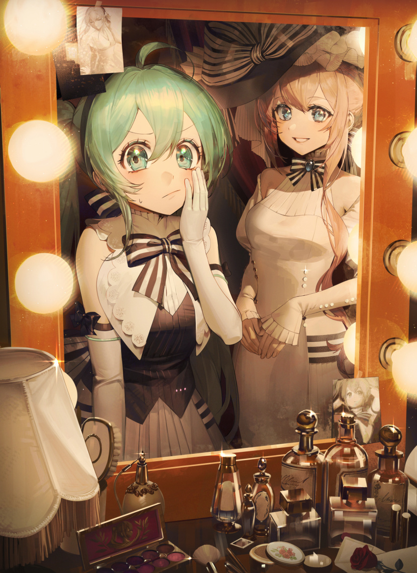 2girls absurdres ahoge aqua_eyes bare_shoulders black_hat black_vest blue_eyes bottle bow bowtie braid breasts brooch closed_mouth commentary cosmetics detached_sleeves elbow_gloves flower frown furrowed_brow glint gloves hand_on_own_cheek hand_on_own_face hat hatsune_miku highres jewelry korean_commentary lamp light_bulb long_hair looking_at_viewer megurine_luka miku_symphony_(vocaloid) mirror multiple_girls official_alternate_costume open_mouth paldu perfume_bottle photo_(object) rose shirt sidelocks sleeveless sleeveless_shirt small_breasts smile standing sweatdrop table twintails vanity_table vest vocaloid white_gloves