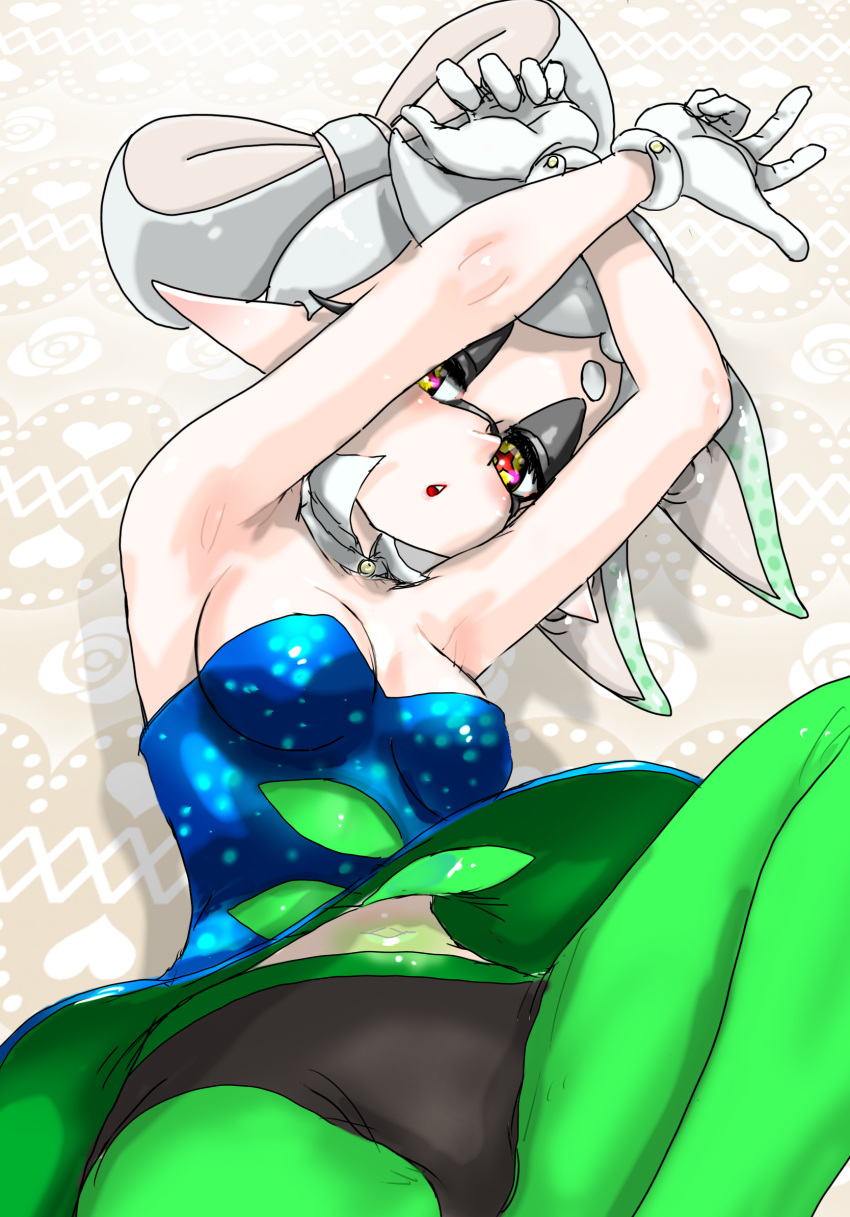 armpits arms_up black_panties blue_dress bow-shaped_hair breasts brown_background chestnut_mouth commentary crossed_wrists detached_collar dress eyeshadow female gloves gradient_hair green_hair green_pantyhose grey_eyeshadow half-closed_eyes highres inkling koharu2.5 light_blush looking_at_viewer makeup marie_(splatoon) medium_breasts midriff multicolored_hair navel open_mouth panties panties_over_pantyhose pantyhose pink_pupils pointy_ears pointy_nose splatoon_(series) star-shaped_pupils star_(symbol) strapless strapless_dress swept_bangs symbol-shaped_pupils teeth tentacle_hair translucent underwear upper_teeth_only upskirt white_gloves white_hair yellow_eyes