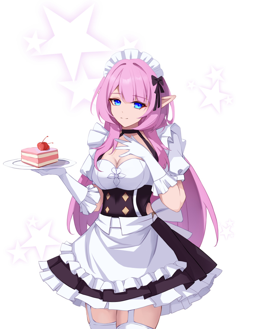 absurdres apron black_dress blue_eyes breasts cake cake_slice cleavage closed_mouth cowboy_shot dress elf elysia_(honkai_impact) elysia_(miss_pink)_(honkai_impact) elysia_(miss_pink_elf)_(honkai_impact) female food garter_straps gloves highres holding holding_plate honkai_(series) honkai_impact_3rd large_breasts looking_at_viewer maid maid_apron maid_headdress mingyangyiou official_alternate_costume plate pointy_ears puffy_short_sleeves puffy_sleeves short_sleeves simple_background solo star_(symbol) strawberry_shortcake thighhighs thighs white_apron white_background white_gloves white_thighhighs