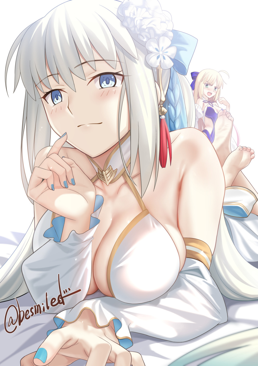 2girls absurdres ahoge artoria_caster_(fate) artoria_caster_(swimsuit)_(fate) artoria_caster_(swimsuit)_(third_ascension)_(fate) artoria_pendragon_(fate) bare_shoulders barefoot besmiled bikini blonde_hair blue_eyes blue_hair blue_one-piece_swimsuit blush bow braid breasts cleavage detached_sleeves fate/grand_order fate_(series) flower gold_trim green_eyes hair_flower hair_ornament hair_ribbon hairbow highleg highleg_one-piece_swimsuit highres large_breasts long_hair long_skirt long_sleeves looking_at_viewer lying morgan_le_fay_(fate) morgan_le_fay_(water_princess)_(fate) multiple_girls on_stomach one-piece_swimsuit ponytail puffy_long_sleeves puffy_sleeves ribbon sidelocks skirt small_breasts smile swimsuit twin_braids twintails very_long_hair white_bikini white_hair white_skirt white_sleeves wide_sleeves