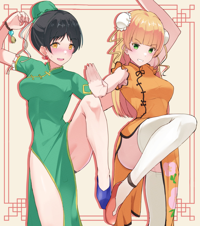 2girls :d arms_up black_hair blonde_hair blue_footwear blunt_bangs blush breasts bun_cover burasuko china_dress chinese_clothes commentary_request double_bun dress green_dress green_eyes hair_bun hazuki_ren heanna_sumire highres leg_up long_hair love_live! love_live!_superstar!! medium_breasts multiple_girls nose_blush official_alternate_costume open_mouth outstretched_arm pelvic_curtain red_footwear shanghai_neckline shoes short_hair short_sleeves single_hair_bun sleeveless sleeveless_dress smile thighhighs white_thighhighs yellow_eyes