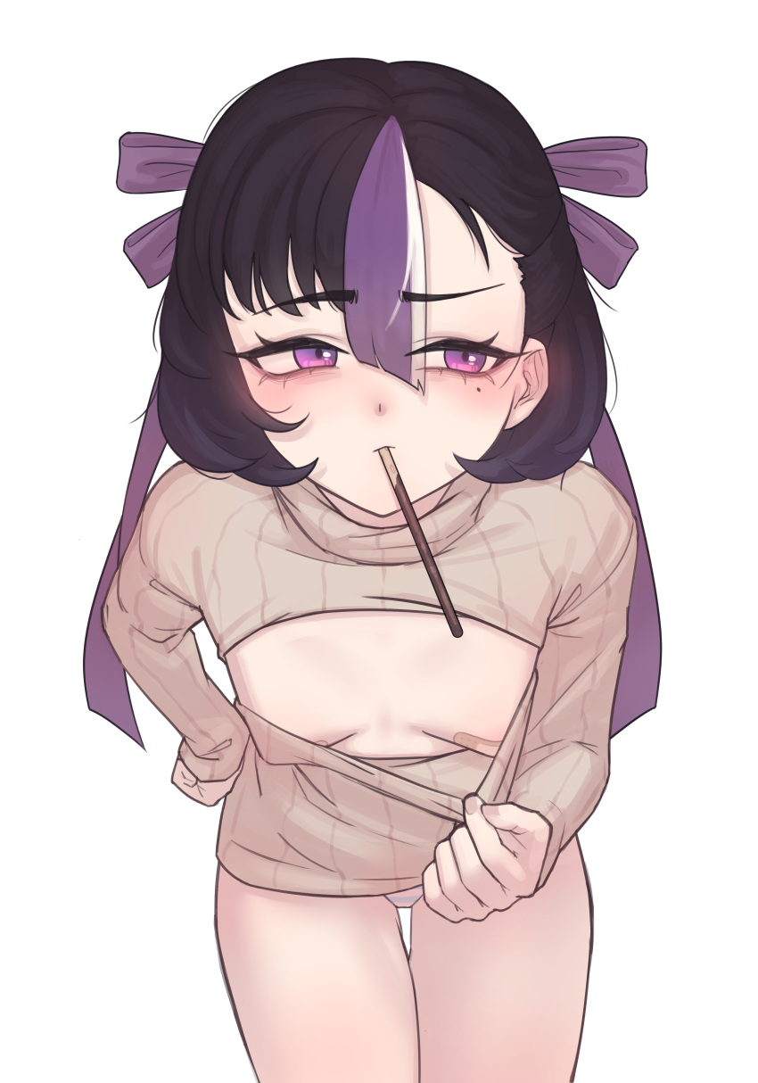 absurdres bandaid bandaids_on_nipples black_hair bow breasts brown_sweater cchiii female food food_in_mouth goddess_of_victory:_nikke hairbow highres looking_to_the_side mole mole_under_eye multicolored_hair panties pasties pocky pocky_in_mouth purple_bow purple_eyes purple_hair simple_background small_breasts sweater syuen_(nikke) underwear white_background