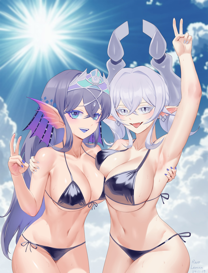 2girls absurdres arm_up armpits bikini black_bikini blue_eyes blue_hair blush breast_press breasts cleavage cloud cloudy_sky collarbone demon_girl demon_horns duel_monster ear_piercing fins fish_girl front-tie_bikini_top front-tie_top grey_eyes grey_hair hair_between_eyes hair_ornament hand_on_another's_arm hand_on_another's_back head_fins highres horns kitkallos_(yu-gi-oh!) large_breasts light_blue_hair long_hair looking_at_viewer lovely_labrynth_of_the_silver_castle multiple_girls navel piercing pointy_ears rare_lemon sharp_teeth short_hair side-tie_bikini_bottom sky sun sweat swimsuit tearlaments_kitkallos teeth tiara tongue tongue_out yu-gi-oh! yuri