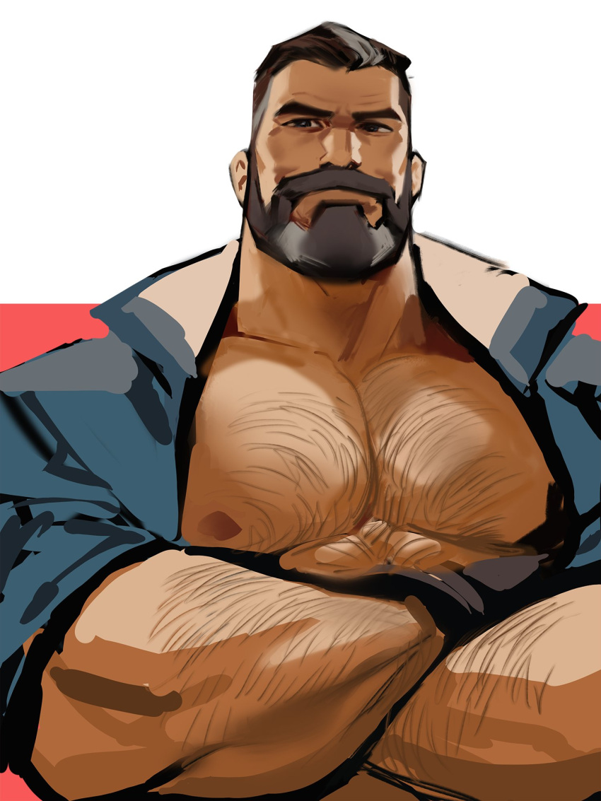 1boy 2022 arm_hair bara beard black_eyes blue_shirt brimstone_(valorant) brown_hair chest_hair crossed_arms dopey_(dopq) facial_hair full_beard gloves highres male_focus muscular muscular_male open_clothes open_shirt shirt short_hair short_sleeves valorant