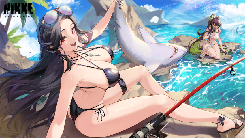 2girls absurdres beach bikini black_bikini black_hair breasts brown_hair charm_(object) cleavage colored_inner_hair commentary english_commentary eyewear_on_head f.k_(hs225kr) feet fishing_line fishing_rod flip-flops goddess_of_victory:_nikke guilty_(nikke) guilty_(wave_of_disbelief)_(nikke) highres holding kneeling large_breasts legs long_hair maiden_(nikke) maiden_(under_the_sun)_(nikke) multicolored_hair multiple_girls nail_polish official_art outdoors palm_tree purple_eyes red_eyes sandals shark side-tie_bikini_bottom sitting sunglasses swimsuit thighs toenail_polish toenails toes tree water water_drop waves white_bikini