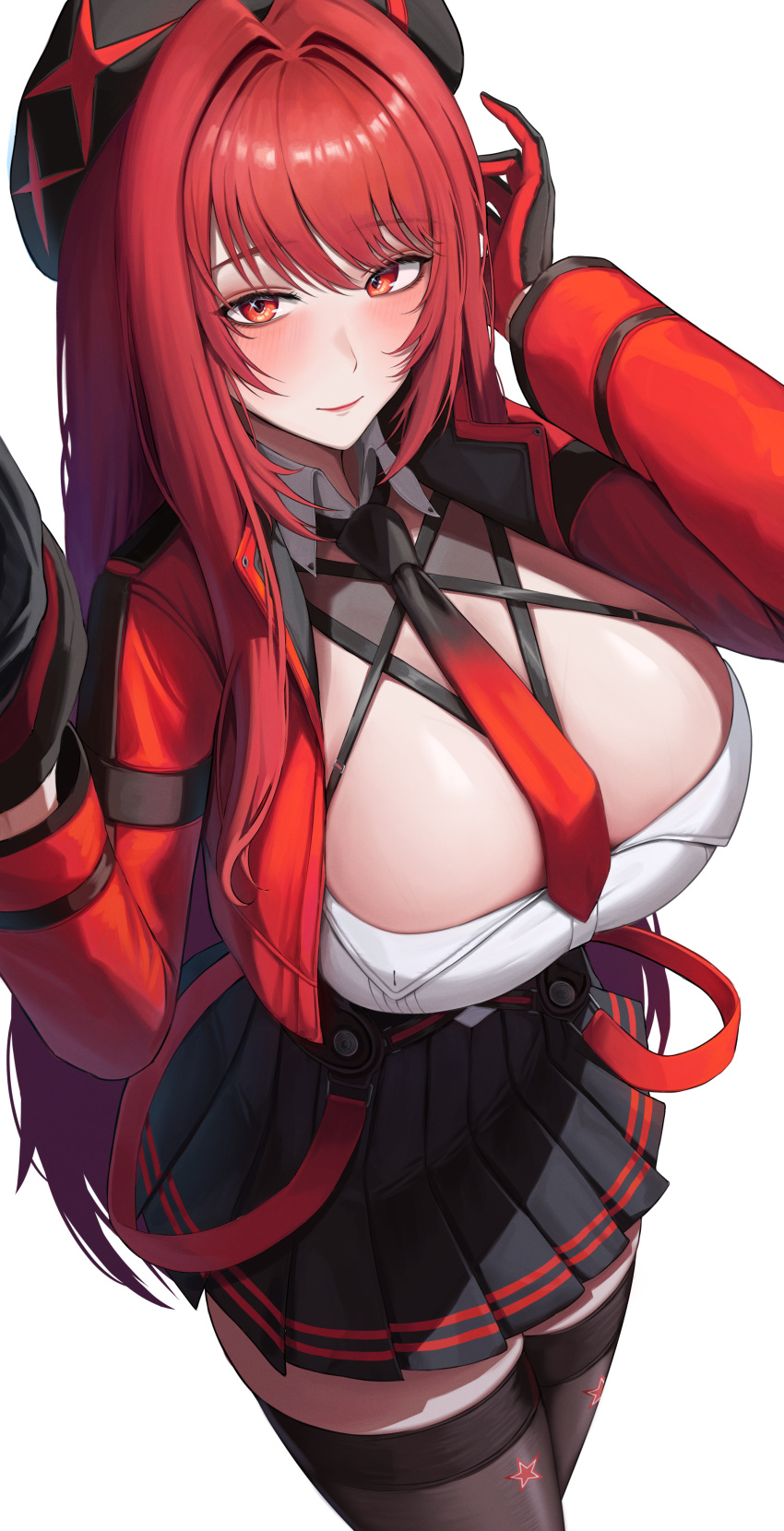 absurdres beret black_gloves black_thighhighs blush bodam breasts cleavage commentary cropped_jacket female gloves goddess_of_victory:_nikke hat highres large_breasts long_hair long_sleeves looking_at_viewer necktie rapi_(nikke) red_eyes red_hair red_necktie shirt simple_background solo spoilers thighhighs thighs two-tone_gloves white_background