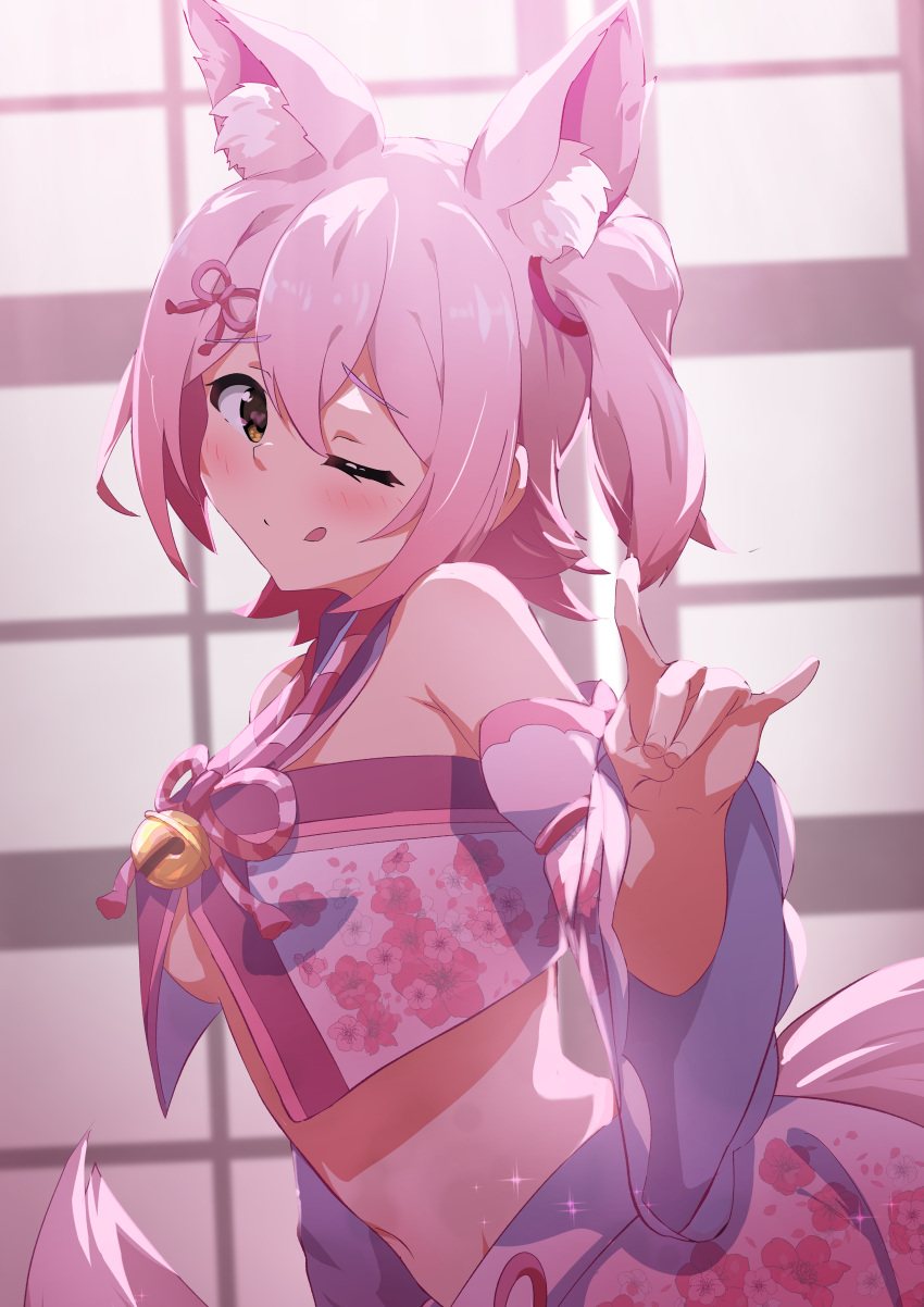 :p absurdres alternate_costume alternate_eye_color animal_ears blush breasts detached_sleeves female fox_ears fox_shadow_puppet fox_tail hair_between_eyes hair_ornament highres idolmaster idolmaster_million_live! idolmaster_million_live!_theater_days kasuga_mirai looking_at_viewer medium_breasts medium_hair midriff navel one_eye_closed sanami_(sanami_t_38) simple_background tail tongue tongue_out underboob yellow_eyes