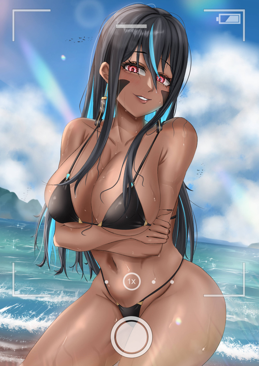 absurdres arms_under_breasts bikini black_bikini black_hair blue_hair blush breasts colored_inner_hair dark-skinned_female dark_skin female goddess_of_victory:_nikke hair_between_eyes highres indivilia_(nikke) kkoyomii large_breasts long_hair looking_at_viewer multicolored_hair red_eyes smile solo swimsuit thighs viewfinder