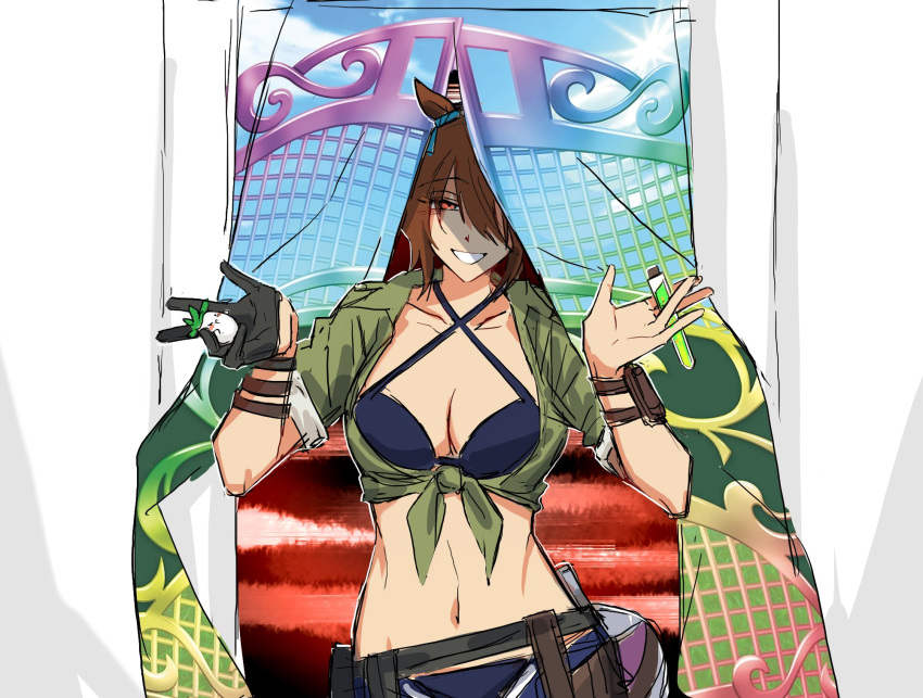 agnes_tachyon_(lunatic_lab)_(umamusume) agnes_tachyon_(umamusume) animal_ears arm_strap bikini black_bikini black_gloves blue_ribbon brown_hair cork creature cropped_shirt curtains d2a103175 ear_ornament ear_ribbon female flask gloves green_shirt hair_between_eyes half_gloves highres holding holding_creature holding_test_tube horse_ears horse_girl kii-kun_(agnes_tachyon)_(umamusume) looking_at_viewer narrow_waist navel official_alternate_costume official_alternate_hairstyle parted_lips red_eyes ribbon round-bottom_flask shaded_face shirt single_glove smile solo swimsuit test_tube tied_shirt umamusume