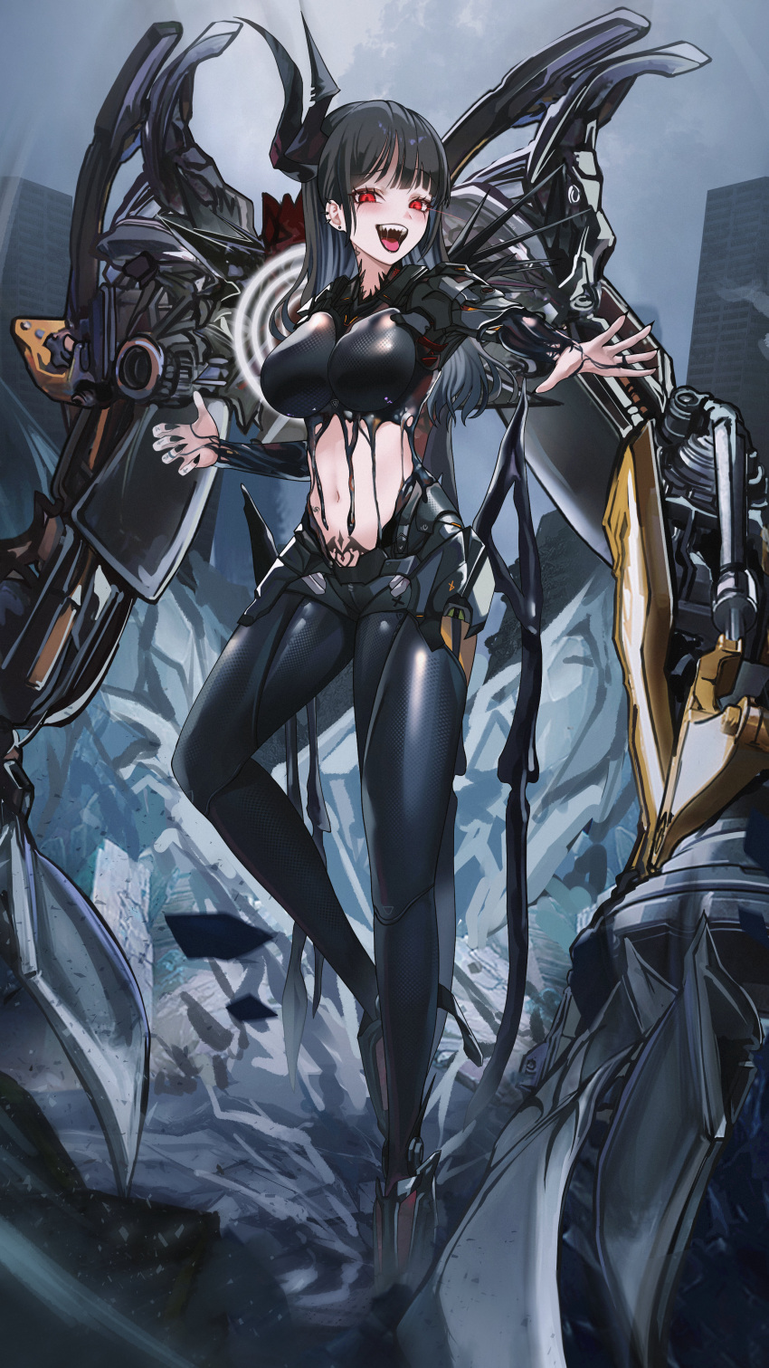 absurdres armor behemoth_(nikke) black_armor black_bodysuit black_hair black_horns black_lips black_liquid black_nails bodysuit boobplate breasts commentary ear_piercing female finger_tattoo full_body gmg goddess_of_victory:_nikke highres horns large_breasts liquid_clothes long_hair looking_at_viewer mechanical_tentacles midriff navel open_mouth piercing pubic_tattoo red_eyes rigging sharp_teeth sidelocks smile solo standing standing_on_one_leg tattoo teeth upper_teeth_only