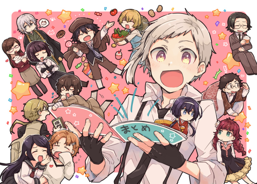 ! 5girls 6+boys :d ^_^ ahoge animal aqua_eyes bandaged_arm bandages basket black_gloves black_hair black_necktie black_shirt black_skirt black_vest blonde_hair blue_eyes blue_overalls blush bob_cut book braid brother_and_sister brown_capelet brown_coat brown_eyes brown_hair brown_hat brown_jacket brown_pants brown_skirt bungou_stray_dogs candy capelet closed_eyes closed_mouth coat collared_shirt cupcake dazai_osamu_(bungou_stray_dogs) doughnut dress drink edogawa_ranpo_(bungou_stray_dogs) feline fingerless_gloves flower flying_sweatdrops food freckles fukuzawa_yukichi_(bungou_stray_dogs) glasses gloves green_kimono grey_hair hair_between_eyes hair_flower hair_ornament hairband hairclip hand_under_clothes haori haruno_kirako hat heart holding holding_animal holding_basket holding_book holding_candy holding_cat holding_drink holding_food holding_lollipop izumi_kyouka_(bungou_stray_dogs) jacket japanese_clothes karinoaaa kimono kunikida_doppo_(bungou_stray_dogs) lollipop long_hair long_sleeves low_ponytail low_twintails lucy_maud_montgomery_(bungou_stray_dogs) miyazawa_kenji_(bungou_stray_dogs) mole mole_above_mouth multicolored_eyes multiple_boys multiple_girls nakajima_atsushi_(bungou_stray_dogs) neckerchief necktie open_mouth orange_hair overalls pants pantyhose potato purple_eyes red_hair red_kimono red_neckerchief red_sweater sakaguchi_ango sash school_uniform serafuku shirt short_hair siblings skirt sleeves_past_fingers sleeves_past_wrists smile speech_bubble star_(symbol) straw_hat striped_necktie suspenders sweatdrop sweater tanizaki_junichirou_(bungou_stray_dogs) tanizaki_naomi tayama_katai_(bungou_stray_dogs) thought_bubble tomato turtleneck turtleneck_sweater twin_braids twintails vest white_hairband white_shirt yellow_eyes yellow_sash yosano_akiko