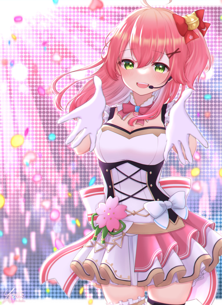 absurdres ahoge bell blush bow breasts bridal_garter cleavage female gloves green_eyes hair_bell hair_between_eyes hair_ornament hairbow headset highres hololive hololive_idol_uniform_(origin) idol idol_clothes looking_at_viewer medium_breasts official_alternate_costume one_side_up open_hands open_mouth palms pink_hair reaching reaching_towards_viewer red_bow sakura_miko signature solo teeth tongue twitter_username upper_teeth_only virtual_youtuber white_gloves x_hair_ornament yuzuki_koebu