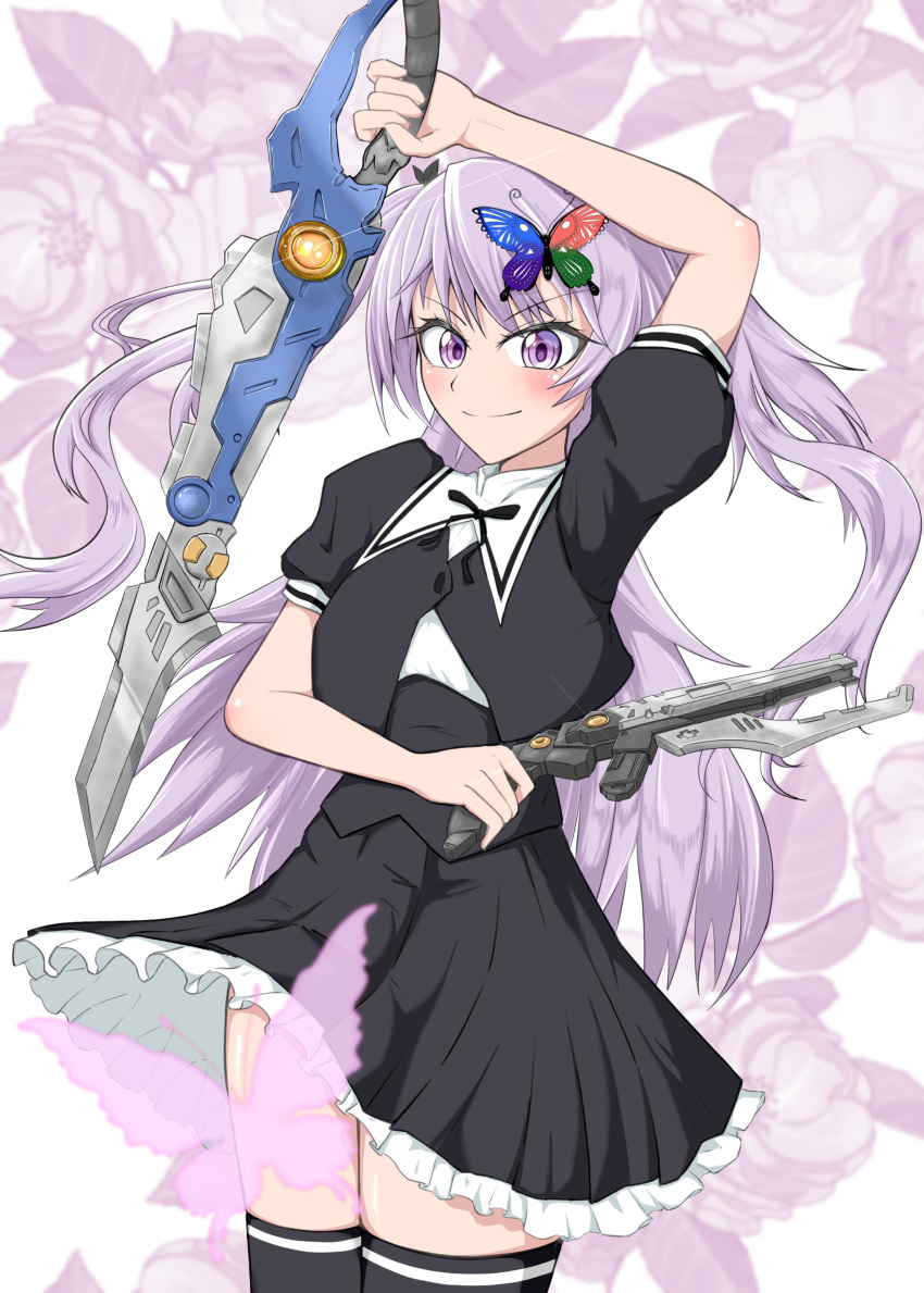 >:) absurdres akamura_saki_(saki_akamura) arm_up assault_lily black_ribbon black_skirt black_thighhighs blurry blurry_background blush bug butterfly butterfly_hair_ornament closed_mouth clothes_lift commentary_request cowboy_shot cropped_jacket dual_wielding female floating_hair floral_background flower frilled_skirt frills hair_ornament hair_ribbon hand_up highres holding holding_sword holding_weapon imagawa_homare long_hair looking_at_viewer miniskirt neck_ribbon puffy_short_sleeves puffy_sleeves purple_butterfly purple_eyes purple_flower purple_hair ribbon school_uniform shirt short_sleeves skirt skirt_lift smile solo standing sword thighhighs two_side_up underbust v-shaped_eyebrows very_long_hair weapon white_background white_shirt wind wind_lift yurigaoka_girls_academy_school_uniform