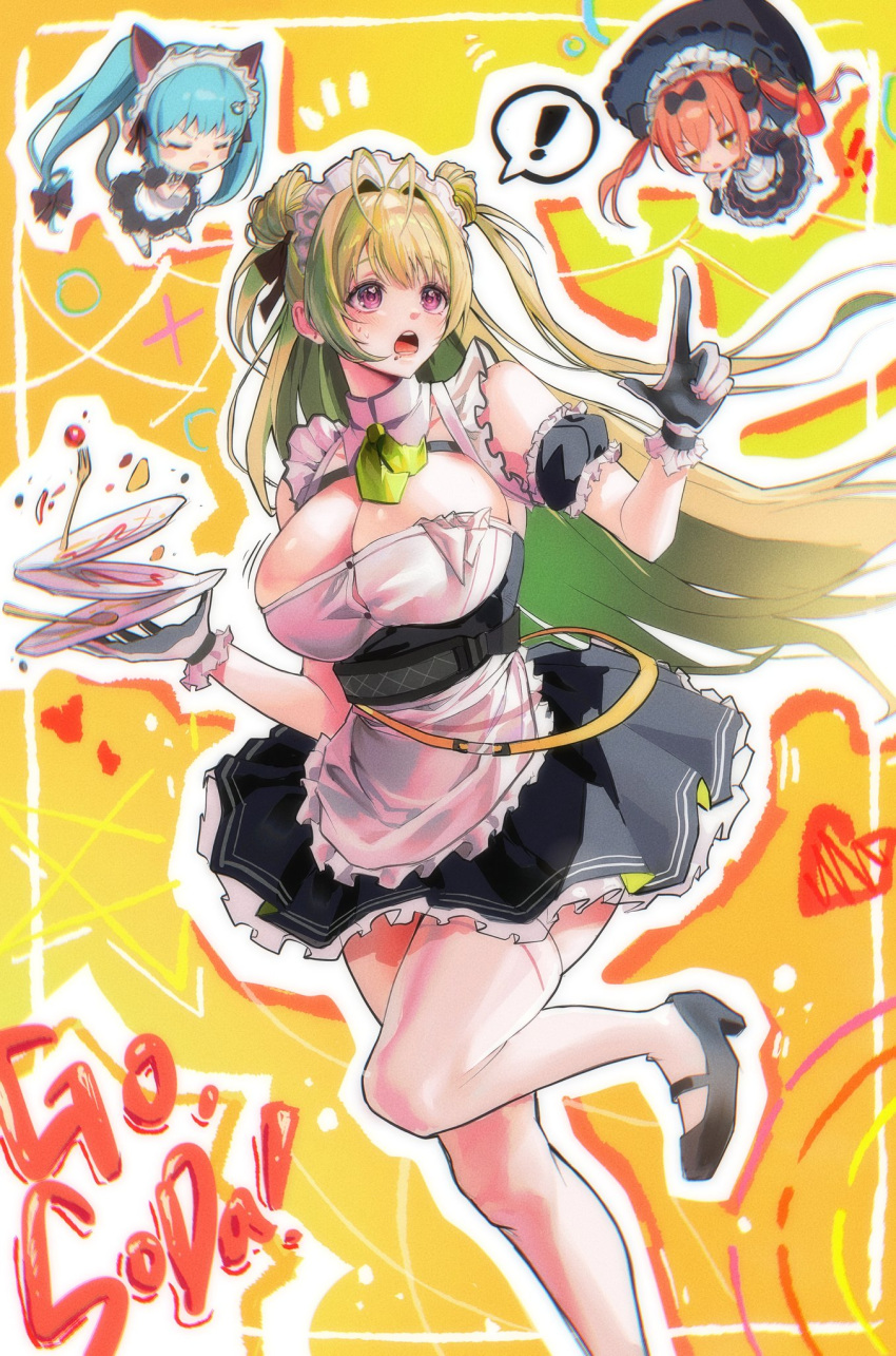 ! 3girls angel_and_devil antenna_hair apron armband ascot blue_hair blush breast_strap breasts button_gap chest_strap cleavage cocoa_(nikke) english_text food food_on_face fork frilled_armband frills gloves goddess_of_victory:_nikke green_ascot green_hair hair_ornament heart_antenna_hair highres holding holding_umbrella huge_breasts large_breasts long_hair maid maid_apron maid_for_you_(nikke) maid_headdress multiple_girls n1n1 open_mouth parasol pink_hair privaty_(nikke) privaty_(unkind_maid)_(nikke) purple_eyes sauce soda_(nikke) thighhighs twintails two-tone_gloves umbrella undersized_breast_cup