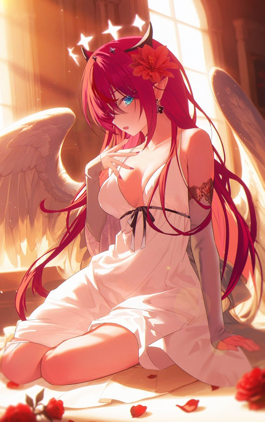 1other absurdres alternate_costume angel_wings blue_eyes double_halo earrings flower hair_flower hair_ornament halo highres hololive hololive_english horns irys_(hololive) jewelry jiang_ye_kiri long_hair looking_at_viewer open_mouth petals pointy_ears red_hair solo virtual_youtuber wings