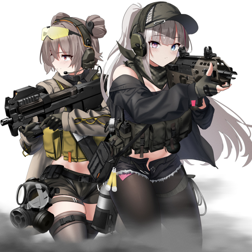 2girls absurdres aiming arena_breakout assault_rifle bandana bandana_around_neck baseball_cap black_gloves black_jacket black_pantyhose black_thighhighs blue_eyes blush brown_hair brown_jacket bullpup closed_mouth clothes_writing commentary_request commission desert_tech_mdr double_bun ear_protection explosive fingerless_gloves flashbang gas_mask girls'_frontline gloves green_gloves grenade gun hair_bun hat heterochromia highres holding holding_gun holding_weapon jacket lightstick load_bearing_vest long_hair looking_at_viewer mask mdr_(girls'_frontline) micro_shorts microphone military multicolored_hair multiple_girls off_shoulder official_alternate_costume official_alternate_hairstyle open_fly p90 p90_(girls'_frontline) pantyhose pink_eyes pink_hair pixiv_commission ponytail pouch red_eyes rifle rynn_(rynn_cube) short_hair short_shorts shorts simple_background skindentation smile smoke streaked_hair submachine_gun tactical_clothes thighhighs trigger_discipline two-tone_hair weapon white_background white_hair