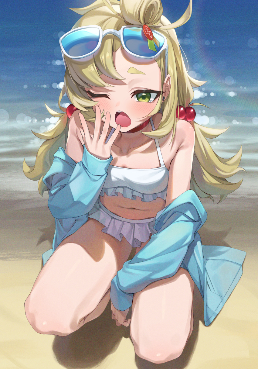 absurdres beach beads bikini blonde_hair blue_jacket blush breasts collarbone cosplay covering_own_mouth earrings eyewear_on_head female frilled_bikini frills full_body green_eyes hair_beads hair_bun hair_ornament hand_to_own_mouth highres hoshino_(blue_archive) hoshino_(blue_archive)_(cosplay) hoshino_(swimsuit)_(blue_archive) jacket jewelry lens_flare long_hair low_twintails navel ocean off_shoulder one_eye_closed open_mouth piper_wheel sleeves_past_wrists small_breasts solo squatting sunglasses swimsuit tearing_up twintails um_111 white_bikini yawning zenless_zone_zero