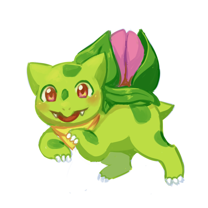 2017 ambiguous_gender blush brown_eyes bulbasaur claws digital_media_(artwork) feral flavia-elric generation_1_pokemon green_body hi_res looking_at_viewer nintendo open_mouth pokemon pokemon_(species) quadruped scarf sharp_teeth simple_background solo standing teeth tongue white_background white_sclera yellow_scarf