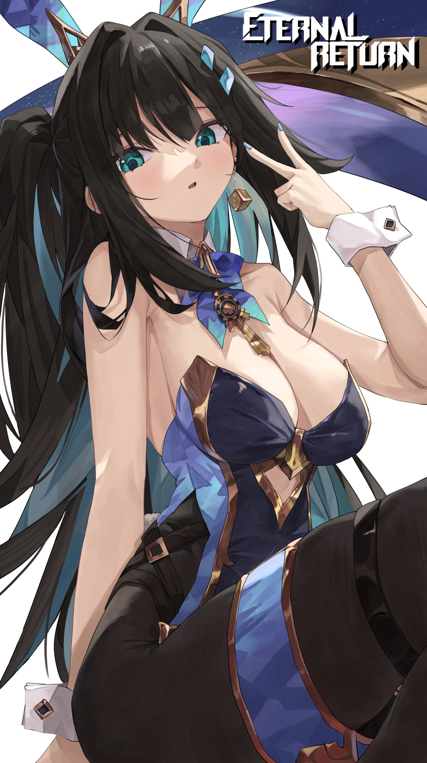 absurdres animal_ears aqua_eyes black_hair black_survival blush breasts cleavage covered_navel detached_collar earrings eternal_return:_black_survival fake_animal_ears female fishnets highleg highleg_leotard highres jeon_(user_ywaw3774) jewelry large_breasts leotard looking_at_viewer model pantyhose parted_lips playboy_bunny rabbit_ears rabbit_tail simple_background solo strapless strapless_leotard tail thigh_strap v white_background wrist_cuffs