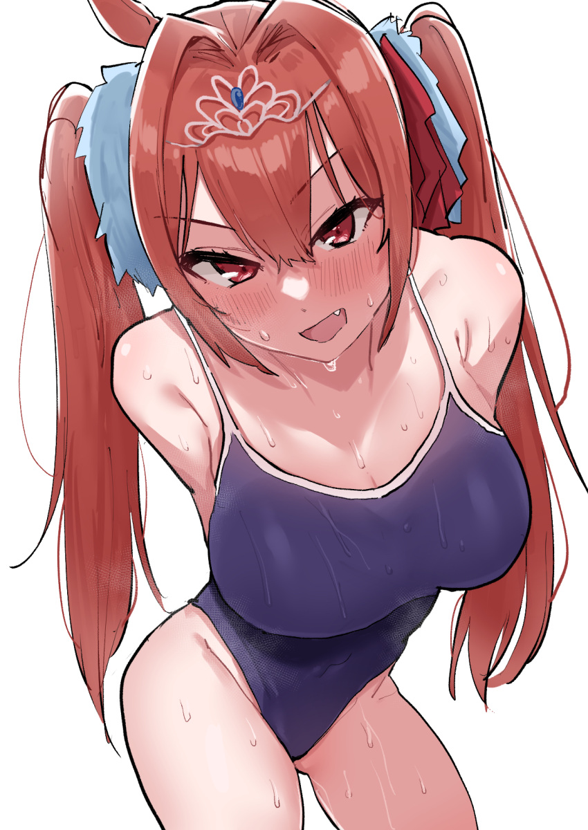 animal_ears arms_behind_back blush breasts brown_hair commentary_request daiwa_scarlet_(umamusume) female hair_between_eyes hair_intakes highres horse_ears horse_girl kobinbin large_breasts long_hair looking_at_viewer oerba_yun_fang one-piece_swimsuit open_mouth red_eyes sidelocks simple_background solo swimsuit tiara twintails umamusume very_long_hair wet wet_clothes wet_swimsuit white_background