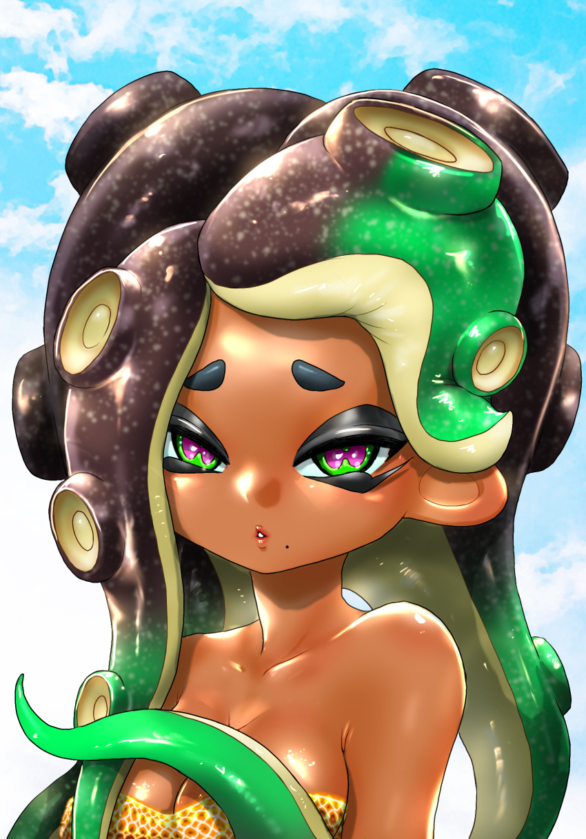 bare_shoulders black_hair blue_sky breasts cephalopod_eyes cleavage cloud collarbone covering_nipples covering_privates dark-skinned_female dark_skin female fishnet_top fishnets gradient_hair green_eyes green_hair highres koharu2.5 large_breasts long_hair looking_at_viewer marina_(splatoon) momonosuke_(u-ma991028) multicolored_hair octoling parted_lips prehensile_hair purple_pupils shirt sky sleeveless sleeveless_shirt splatoon_(series) tentacle_hair